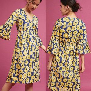 WHIT TWO blue yellow floral print Sage bell-sleeve dress size extra small